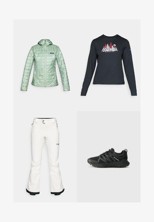 Casaco acolchoado em verde claro, com capuz, fecho frontal em zipper e bolsos laterais. Acabamento texturizado com um logótipo no lado superior esquerdo do peito.; Camisa de mangas longas cinza escuro com um gráfico de árvores vermelhas e montanhas; logótipo "COLUMBIA" em texto branco em negrito. Tecido suave, cuello redondo padrão.; Calças de esqui brancas feitas de um material suave e flexível. Apresenta uma cintura ajustada, pernas largas e evasê, e um acabamento preto nas bainhas. Logotipo da marca visível.; Columbia PEAKFREAK - Sapatos de caminhada - black