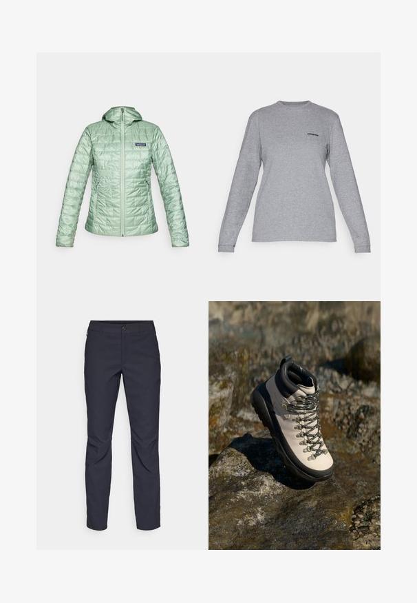 Šviesiai žalia, siuvinėta pūkinė striukė su gobtuvu, priekiniais užtrauktukais ir šoninėmis kišenėmis. Textūrizuotas paviršius su logotipu viršutiniame kairiame krūtinės kampe.; Patagonia LOGO RESPONSIBILI-TEE - Ilgarankovis viršutinės dalies drabužis - gravel heather; Tamsiai mėlynos kelnės, pagamintos iš lygaus audinio, su priekiniais mygtukais, lieknos silueto ir raukšlėmis ant kelių.; Šviesiai smėlio spalvos turizmo batai su juodu guminio pado, lankstus viršus, metaliniai akių laikikliai ir pilkos raišteliai, padėti ant akmenuoto paviršiaus.
