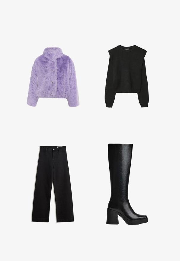 Lilla imiteret pels cropped jakke med høj krave, tre metalliske knapper og en oversized tekstur med zigzag mønster.; Sort striktrøje med lange ærmer, polstrede skuldre og ribkantede manchetter og kant, vist mod en hvid baggrund.; Sorte wide-leg denim bukser med høj talje, der har front- og baglommer, syede sømme og en knaplukning. Glat tekstur.; Sort knæhøj støvle lavet af struktureret syntetisk materiale, med firkantet tå, chunky høj hæl og glat, elegant overflade.