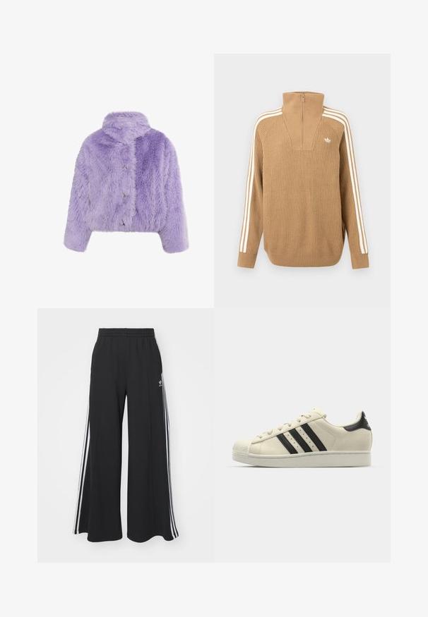 Fialová umělá kožešinová zkrácená bunda s vysokým límcem, třemi kovovými knoflíky a oversized texturou s cik-cak vzorem.; Hnědý žebrovaný svetr s vysokým límcem a polozipem, který má podél rukávů tři bílé pruhy a malé logo na hrudi.; Černé pohodlné tepláky širokého střihu s elastickým pasem, na boční straně s bílými pruhy a vyšitým logem na levé stehně.; Bílé kožené tenisky s černými pruhy, zaoblená špička, gumová podrážka, strukturovaný svršek a systém šněrování. Obsahují logo na patě.