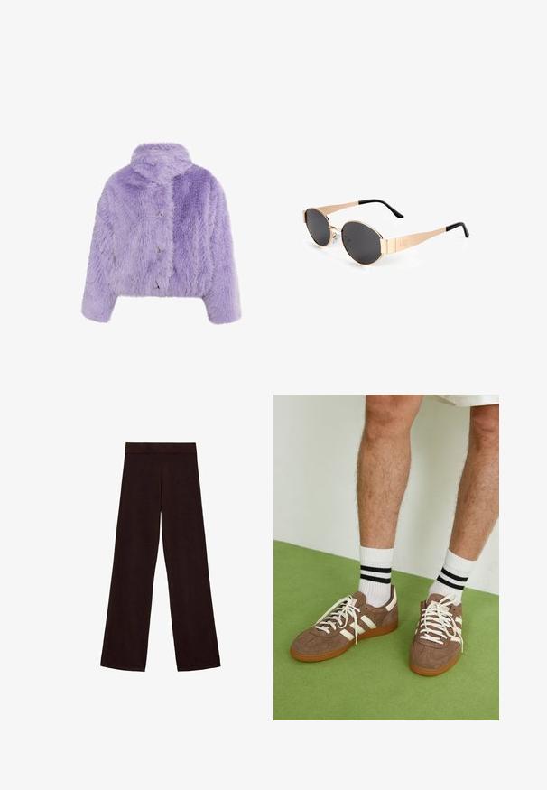 Lila umetna krznena jakna krajšega kroja z visokim ovratnikom, tremi kovinskimi gumbi in čezmerno teksturo z vzorcem v cik-cak.; Brezrokavni pulover v temno rjavi barvi, izdelan iz mehkega teksturiranega materiala. Ima okroglo ovratnico in rebraste robove na odprtinah za roke ter na spodnjem robu.; Rjav širokoleseni hlače iz mehkega blaga, z debelim pasom in gladko teksturo, brez vidnih vzorcev ali kovinskih delov.; Rjavi semiš športni čevlji z belimi detajli in vezalkami. Gumijast podplat. Nošeni z belimi nogavicami z črnimi črtami. Zelena teksturirana talna obloga.; Svetlo zlatne ovalne naočale s tamnim lećama, s elegantnim dizajnom, tankim krakovima i crnim akcentom na sljepoočnici. Broj modela L37.; Rjava semiš torba z širokim odprtjem, podaljšanimi naramnicami in zapiranjem na vrvico, ki vsebuje kovinske dodatke. Gladka tekstura z minimalnimi šivi.