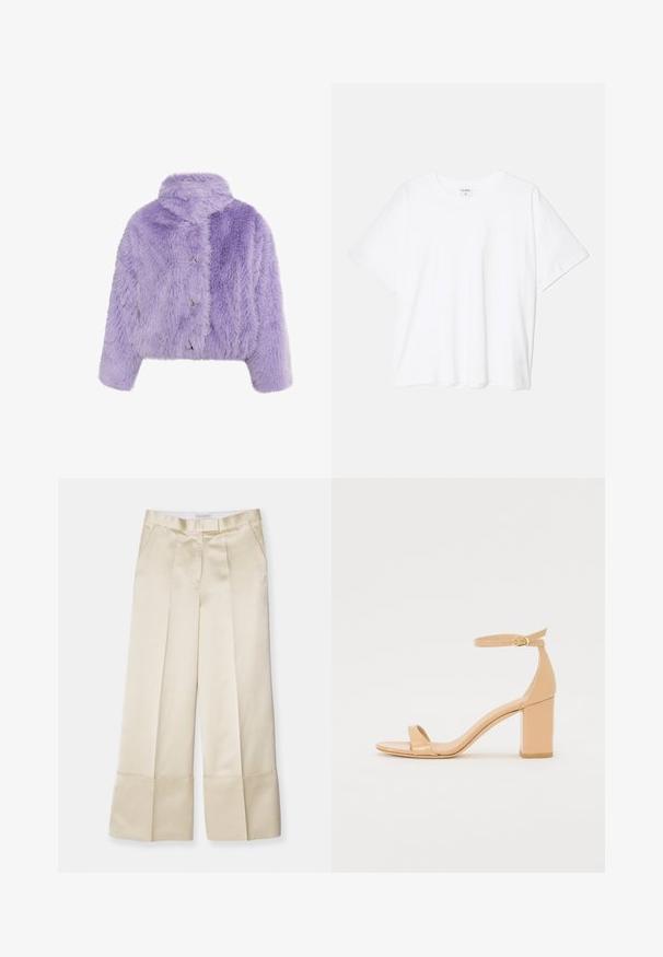 Lila műszőrme rövid kabát magas gallérral, három fémbottonnal és oversized textúrával, amely lépcsőzetes mintázattal bír.; Fehér pamut póló rövid ujjal, kerek nyakkivágással, laza fazonnal és varrott szegéllyel. Címke látható a belső nyakrészén.; Beige széles lábszárú nadrág sima anyagból, magas derékkal, pliszírozott elejével és hajtott szegéllyel, oldalzsebekkel és letisztult kivitelben.; Nude színű, patent bőrből készült, négyzetes orrú magassarkú szandál, bokapánttal és vastag blokksarkú talppal. Sima textúra és minimális dizájn részletek.
