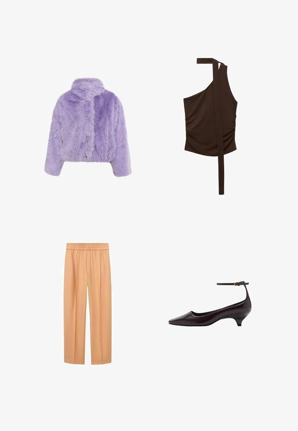 Jachetă scurtă din blană artificială de culoare liliachie, cu guler înalt, trei butoane metalice și o textură supradimensionată cu un model în zigzag.; Top brown, cu un umăr, confecționat dintr-un material moale, având un design drapat, cu gathered pe lateral și o curea lungă care se extinde de la umăr.; Pantaloni largi de culoare piersică, confecționați dintr-un material moale, cu talie elastică și croială dreaptă, oferind o potrivire relaxată.; Pantofii din piele de culoare maro închis, cu vârful ascuțit și toc kitten, sunt prevăzuți cu o curea subțire pentru glezna piciorului și o cataramă mică aurie.