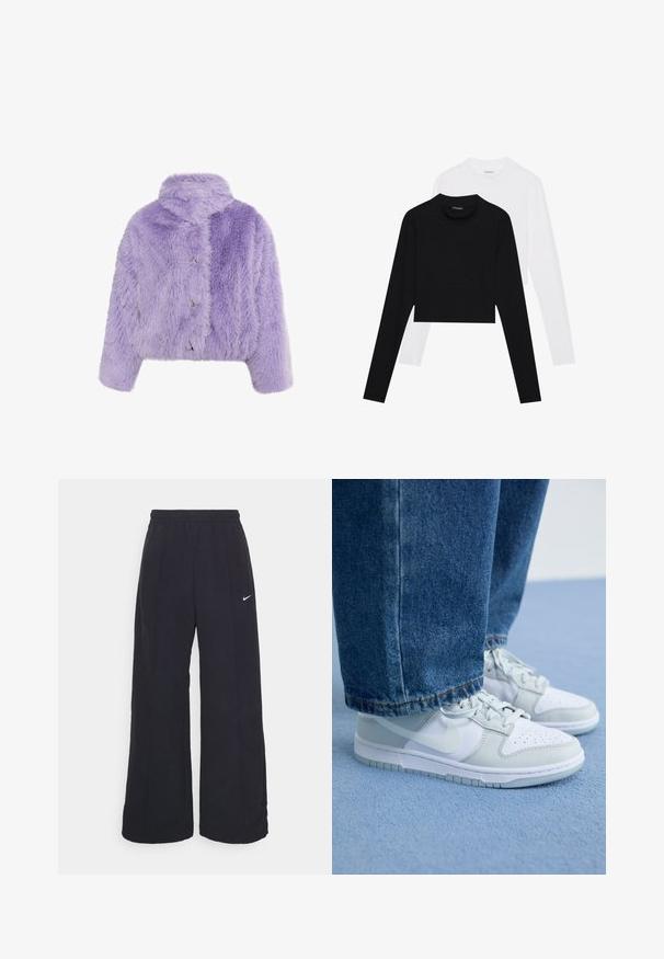 Lila műszőrme rövid kabát magas gallérral, három fémbottonnal és oversized textúrával, amely lépcsőzetes mintázattal bír.; Két darab hosszú ujjú, rövid fazonú felső fekete és fehér színben. Puha anyagból készült, kerek nyakkivágással és testhez simuló szabással.; Fekete, bő szárú nadrág rugalmas derékpánttal és egy kis fehér Nike logóval. Anyaga sima tapintású, kényelmes és mindennapi viseletre lett tervezve.; Fehér és világosszürke bőrből készült Nike sportcipő lyukacsos orral, lapos fűzőkkel és gumitalppal, kék farmernadrággal párosítva.