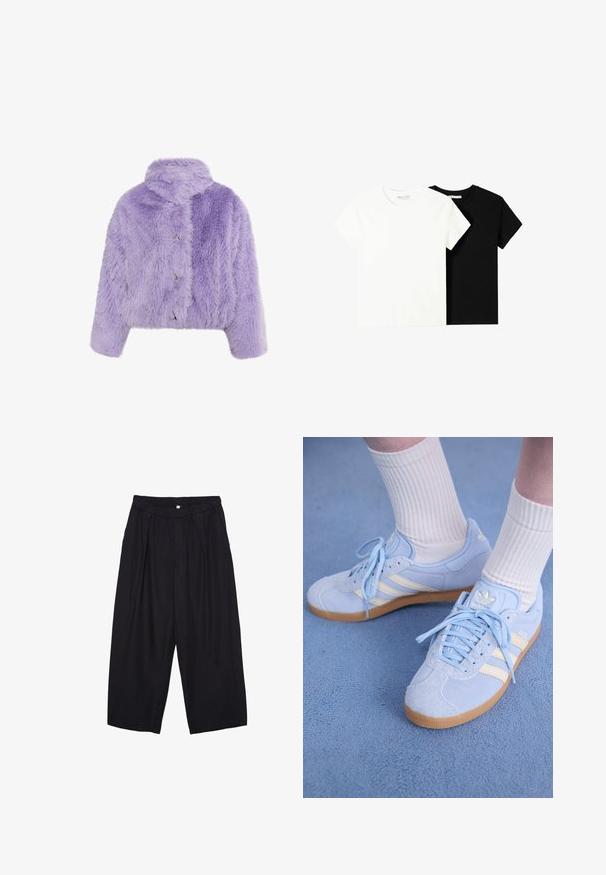 Lilla imiteret pels cropped jakke med høj krave, tre metalliske knapper og en oversized tekstur med zigzag mønster.; To korte ærmel t-shirts, en hvid og en sort, lavet af bomuld. Begge har en rund halsudskæring og et enkelt, klassisk design.; Sorte polyester culotte bukser med elastisk talje, to forpiber og en løs silhuet. Ingen synlige mønstre eller hardware detaljer.; Lyseblå ruskindsneakers med hvide striber, flade snørebånd og en sål af gummirubber. Ribbet hvide sokker bæres over anklen.