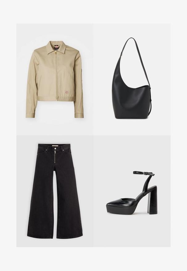 Svetlohnedá skrátená bunda s golierom, zlatým zipsom a bočnými vreckami. Má malé vyšívané logo na ľavej hrudi a rovné rukávy.; Čierne bavlnené tričko s krátkymi rukávmi, s malým ružovým motýlikom na ľavej hrudi. Design s okrúhlym výstrihom a uvoľneným strihom.; Dlhé nohavice vo voľnom strihu z čierneho denimu so zipsom vpredu, päť vrecúškovým dizajnom a jemnými stehovými detailmi. Hladká textúra a neformálny štýl.; Čierne platformové podpätky so špicatou špičkou a nastaviteľným členkovým remienkom. Vyrobené z hladkej kože a so robustným blokovým podpätkom.; Čierna kožená hobo taška so hladkou textúrou, zakriveným tvarom a jedným nastaviteľným popruhom; má široké otvorenie na vrchu.