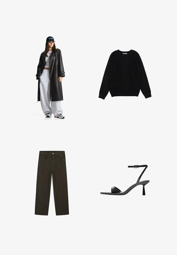 Czarny skórzany płaszcz trencz z podwójnym zapięciem, dużymi klapami, paskiem w talii i mankietami zapinanymi na guziki. Gładka faktura.; Czarny sweter z długim rękawem i okrągłym dekoltem, z prążkowanymi mankietami i dołem, pokazany na płasko na białym tle.; Ciemnozielone spodnie dżinsowe typu wide-leg wykonane z mieszanki bawełny, z zamkiem na guzik z przodu, pięcioma kieszeniami i klasycznym przeszyciem dżinsowym.; Bershka - Sandały na obcasie