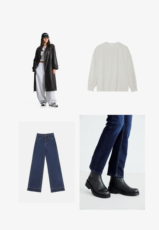 Fekete bőr trench kabát dupla gombolású elülső résszel, nagy hajtókákkal, derékon övvel és gombos mandzsettával. Sima textura.; Világosszürke, hosszú ujjú póló, puha pamutból készült. Szabad, laza szabású, kerek nyakkivágással és finoman ráncolt mandzsettával rendelkezik. Nincs rajta minta vagy grafikák.; Sötétkék denim széles lábú farmernadrág. Öt zsebbel, övhurkokkal és nyers szegéllyel az alján, amelyen látható varrási részletek találhatók.; Fekete bőr bokacsizma vastag talppal és oldalán elnyújtott elasztikus betétekkel, sötétkék farmerral párosítva. A talaj világos színű.