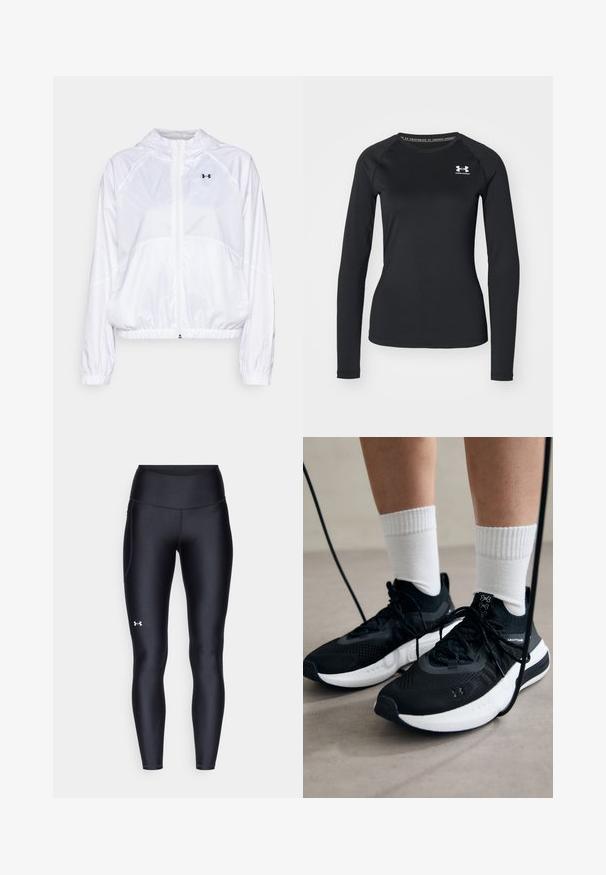 Bjela jakna s kapuljačom napravljena od lagane tkanine s elastičnim manžetama i pojasom. Ima zip s punom dužinom i logo detalj na prsima.; Crna termo majica dugih rukava od glatkog materijala, s okruglim izrezom i malim bijelim logotipom na lijevoj strani prsnog koša.; Crne tajice izrađene od glatkog, rastezljivog materijala s visokim strukom. Imaju bijeli logo na lijevom butu i prilagođen dizajn.; Crne atletske cipele s teksturiranim materijalom, bijelim potplatima i crnim vezicama. Nosene s bijelim rebrastim čarapama, stojeći na svijetloj površini.