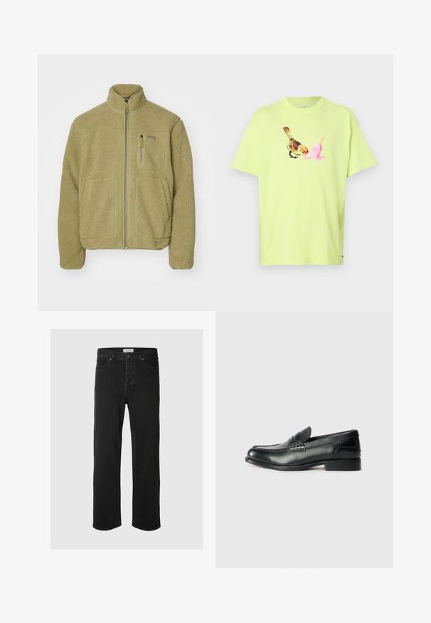 Fleece bunda v světle zelené barvě s stojáčkem, plným zipem, zipovou náprsní kapsou a dvěma bočními kapsami; strukturovaný, měkký povrch.; Světle zelené bavlněné tričko s grafikou ptáka a růžovým zmrzlinovým kuželem, s jednoduchým kulatým výstřihem a krátkými rukávy.; Černé džíny rovného střihu mají klasický design se pěti kapsami, zapínání na knoflík, minimální švy a jemnou texturu.; Černé kožené mokasíny s hladkým povrchem, prošívanými detaily na svršku a mírně zvýšeným podpatkem.