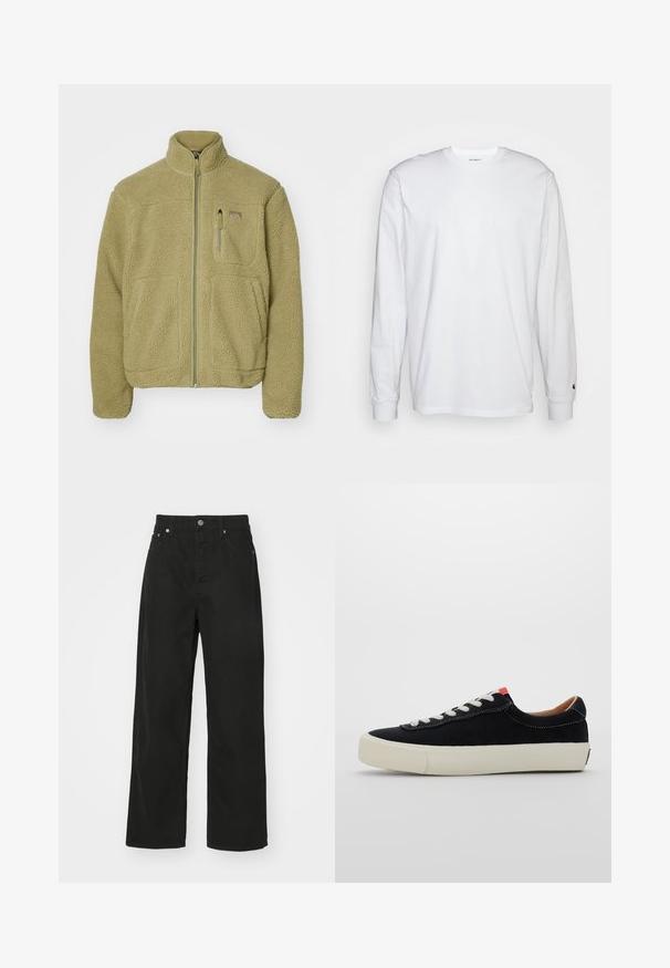 Fleecenka v svetlo zeleni barvi s stojčastim ovratnikom, polnim zadrgo, žepom na prsih z zadrgo in dvema stranskima žepoma; teksturirana, mehka površina.; Bela dolgimi rokavi majica iz bombaža. Oblika s krožnim izrezom z rebrastimi manšetami in majhnim logotipom na levi rokavu. Gladka tekstura.; Črne jeans hlače z ravnim krojem, ki imajo pet žepov, gumbno zapiranje in klasičen pas. Gladka tekstura.; Črni platneni športni copat z belimi vezalkami, bež gumijastim podplatom in rdečim poudarkom na peti. Okrogla konica in minimalni detajli šivanja.