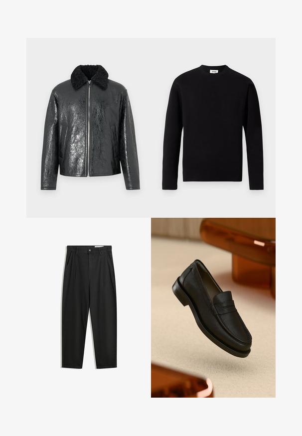 Mustaa tekonahkajakku, jossa on kiiltävä ja teksturoitu pinta. Sisältää mustan lammasnahkakaulen ja edessä vetoketjukiinnityksen. Kaksi sivutaskua on mukana.; Mustassa pitkähihaisessa pyöreäkauluksellisessa neulepaidassa on pehmeä kangas. Paidassa on vasemmalla puolella rintatasku ja suora helma, jossa on vähäisiä tekstuuriyksityiskohtia.; Mustat puuvillahousut rentoa mallia, joissa on klassinen vyötärö, etukangastukset ja sivutaskut. Sileä pinta ilman kuvioita.; Musta nahkainen loafer, jossa on teksturoitu pinta, ommeltu sauma ja kumipohja. Asetettu vaalealle pinnalle.