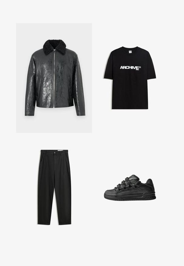 Svart konstläderjacka med en glänsande, texturerad yta. Har en svart fårskinnskrage och dragkedja fram. Två sidofickor finns.; Svart bomull T-shirt med en vit "ARCHIVE inc." logotyp över bröstet, korta ärmar och rundad halsringning.; Svarta bomullsshorts med avslappnad passform, med en klassisk midja, framveck och sidfickor. Slät textur utan mönster.; Svarta sneakers med ovandel i slät läder, texturerade detaljer och runda svarta och vita snören. Tjock gummisula med ett mönstrat mönster.