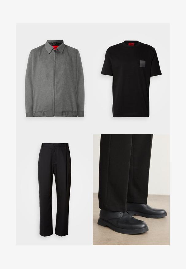 Šedá bunda s límečkem, předním zipovým zapínáním a bočními kapsami. Má strukturovanou látku a elastické manžety.; Černé bavlněné tričko s kulatým výstřihem, na přední části s texturovaným černým nášivkem loga na levé hrudi. Krátké rukávy a volný střih.; Černé kalhoty s rovnými nohavicemi, vyrobené z lehké tkaniny. Mají přední zapínání na knoflík a dvě boční kapsy; hladká textura.; Černé kožené boty se zaoblenou špičkou, plochou podrážkou a minimálním zdobením. Spárovány s padnoucími černými kalhotami, které mají hladkou texturu.