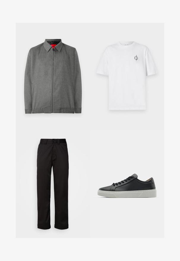 Gray jacket with a collared neckline, front zipper closure, and side pockets. Features a textured fabric and elasticated cuffs.; White cotton t-shirt with a relaxed fit, featuring a small black graphic logo on the left chest area. Short sleeves, crew neck style.; Black trousers made of smooth fabric, featuring a zip fly, button closure, and rolled cuffs for a casual design.; Black leather sneaker with a smooth texture, round toe, and black laces. Features a thick, white rubber sole with subtle geometric accents.