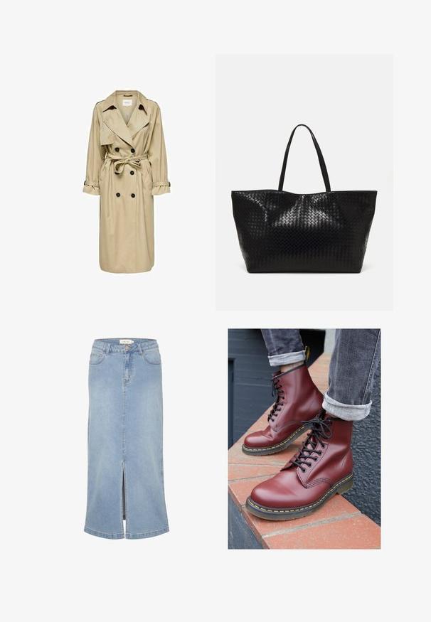 Beige trench coat dengan desain double-breasted, kerah besar, dan ikat pinggang. Memiliki lengan panjang dengan manset yang dapat disesuaikan dan saku samping.; Kreemi kaabliga kudumiga sviiter pikkade varrukatega, ribakardinate ja hemiga, millel on vasakul rinnal väike tikkitud logo.; Vaaleansininen farkuhame, joka ulottuu midi-pituisena ja jossa on edessä halkio. Suora leikkaus, klassinen viisi-taskuinen muotoilu ja haalistunut viimeistely. Varustettu valkoisella brändilogoilla.; Burgundy nahka nauhakengät pyöristettyllä kärjellä, mustilla nauhoilla ja keltaisella ompeleella, lepäämässä tiilipinnalla.; Musta kudottu kassi, jossa on kaksi vankkaa kahvaa, näyttävästi kiiltävä rakenne ja tilava avoin yläosa.