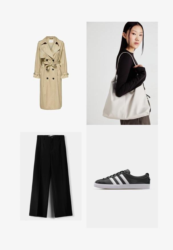 Beige Trenchcoat mit doppelt geknöpftem Design, großem Kragen und Gürtel. Verfügt über lange Ärmel mit verstellbaren Manschetten und seitlichen Taschen.; Set aus zwei Langarmoberteilen in Weiß und Schwarz. Rippstruktur, Rundhalsausschnitt, figurbetontes Design mit leicht ausgestellten Ärmeln.; Schwarze weite Hosen aus leichtem Stoff, mit einem Knopfverschluss vorne und flachem Bund, mit sorgfältig genähten Säumen.; Schwarze Ledersneaker mit weißem Drei-Streifen-Design, runder Spitze, flacher weißer Gummisohle und Markenlogo an der Seite.; Beige Handtasche aus weichem Material, mit einem lässigen Design, gesteppten Details und zwei Schulterriemen. Geeignet für den täglichen Gebrauch.