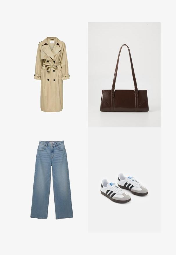Beżowy płaszcz trench z podwójnym zapięciem, dużym kołnierzem i paskiem. Posiada długie rękawy z regulowanymi mankietami oraz kieszeniami bocznymi.; Brązowa bluzka z długim rękawem wykonana z miękkiego, elastycznego materiału, z okrągłym dekoltem i luźnym krojem, charakteryzująca się gładką fakturą i minimalnym zdobieniem.; Jasnoniebieskie jeansy typu wide-leg wykonane z denimu. Posiadają wysoką talię, pięć kieszeni oraz prosty krój z minimalnym wyblaknięciem.; Buty sportowe z białą skórzaną cholewką, szarym zamszowym noskiem i trzema czarnymi paskami. Posiadają niebieskie logo na języku oraz teksturowaną gumową podeszwę.; Brązowa torebka z lakierowanej skóry o prostokątnym kształcie, z dwiema długimi rączkami i subtelnymi zaokrągleniami z przodu.