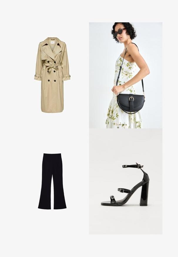 Bežani trench kaput s dvostrukim kopčanjem, velikim ovratnikom i remenom. Ima dugačke rukave s podesivim manžetama i bočne džepove.; Crni top bez rukava od pamuka, s okruglim izrezom i širokim izrezima za ruke. Glatka tekstura s ušivenim rubovima. Klasičan, minimalistički dizajn.; Crne široke hlače s visokim strukom, bez vidljivih džepova ili dugmadi, prikazane protiv bijele pozadine.; Crne lakirane sandale na pete sa kvadratnim nosom, trakama oko gležnja i srebrnim kopčama. Imaju čvrst blok petu za stabilnost.; Crna kožna torba s lukovitim oblikom, odvojivim remenom i zlatnim detaljima. Torba ima preklop s kopčom.