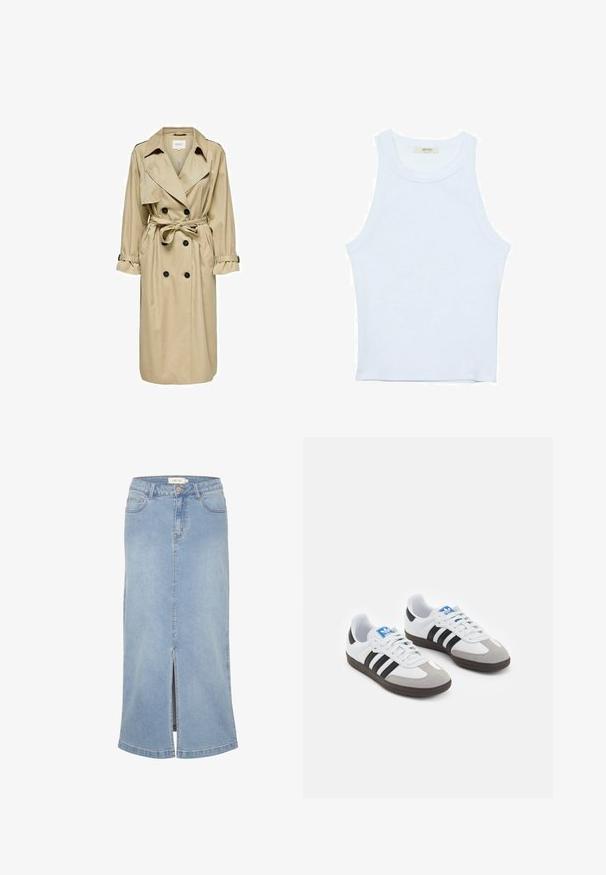 Beige Trenchcoat mit doppelt geknöpftem Design, großem Kragen und Gürtel. Verfügt über lange Ärmel mit verstellbaren Manschetten und seitlichen Taschen.; Weißes Tanktop, gerippte Textur, runder Ausschnitt, ärmelloses Design, enganliegende Form, dezente Markenkennzeichnung im Etikett im Kragenbereich.; Hellblaues Denim-Midirock mit einem Schlitz vorne, geradem Schnitt, klassischem Fünf-Taschen-Design und einem verwaschenen Finish. Mit weißem Markenlabel.; Sportschuhe mit einem Obermaterial aus weißem Leder, grauer Wildleder-Zehenkappe und drei schwarzen Streifen. Sie verfügen über ein blaues Logo auf der Zunge und eine strukturierte Gummisohle.