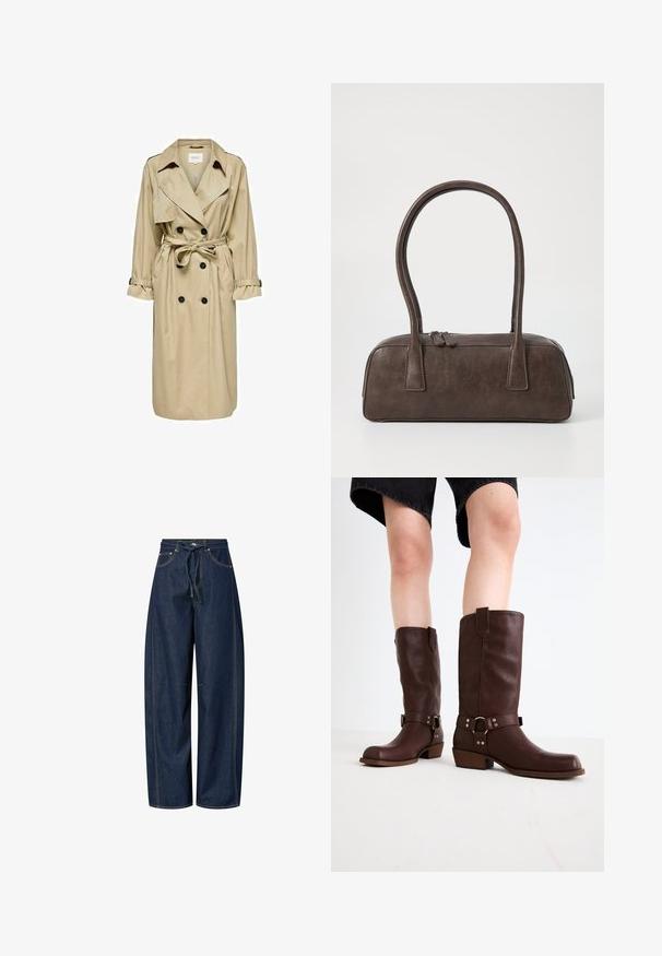 Bež plašč z dvojnim zapenjanjem, velikim ovratnikom in pasom. Ima dolge rokave z nastavljivimi manšetami in stranskima žepoma.; Svetlo siva bombažna majica z velikim rumenim grafičnim motivom limone ter zelenim napisom "BISERNA SREČA" in zelenim listnim akcentom.; Široke denim hlače v temno modri barvi z vrvico za prilagajanje pasu, kontrastnim šivanjem in dvema sprednjima žepoma. Gladka tekstura, sproščen kroj.; Rjave usnjene čizme do kolen s zaobljenim nosom, teksturirano površino, trakovi okoli gležnja in srebrni detajli; zasnovane s steknjenim peto.; Rjava usnjena torbica z dvema trdnima ročkama, pravokotne oblike, gladke teksture in zadrgo. Minimalističen dizajn brez vidnih vzorcev.