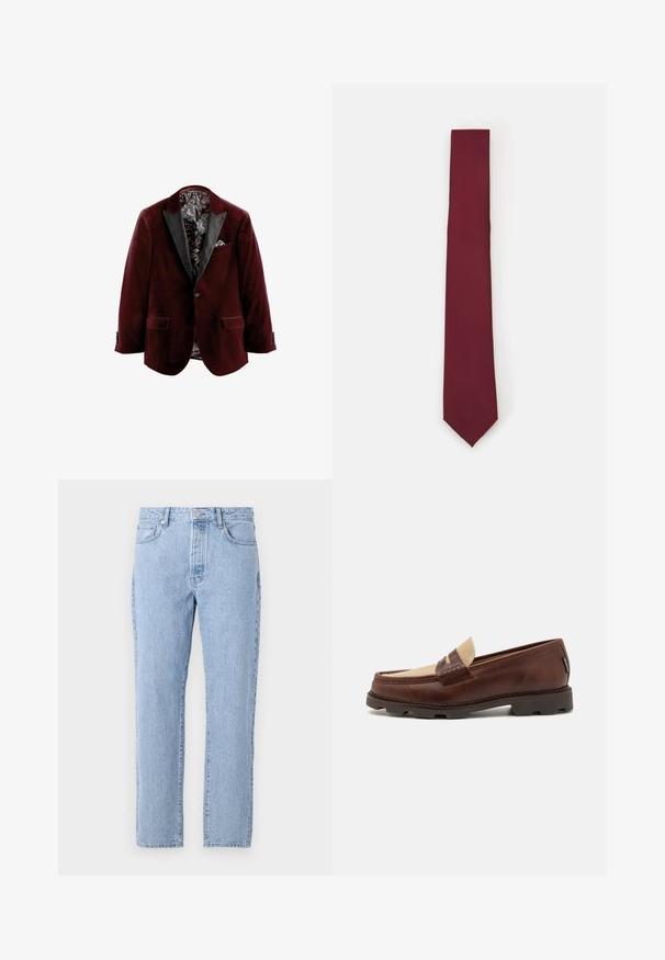 Burgundy velvet blazer with black satin lapels, patterned interior lining, and a pocket square detail. Features two front pockets and button closures.; White long-sleeve button-up shirt made of smooth fabric. Features a classic collar, front buttons, and single-button cuffs. Slim fit design.; Light blue denim jeans with a straight-leg design, five pockets, and a button-fly closure. Soft texture with a classic faded finish.; Brown leather loafers with a taupe canvas accent, stitched detail, and a textured rubber sole designed for comfort and durability.; Burgundy silk tie, narrow shape with a solid texture. Features a pointed tip, consistent color, and smooth finish.