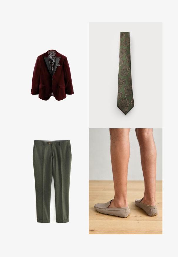 Bordó sametový blazer s černými saténovými klopami, vzorovanou vnitřní podšívkou a detailem kapesníčku. Obsahuje dvě přední kapsy a zapínání na knoflíky.; Hnědá bavlněná košile s dlouhým rukávem a zapínáním na knoflíky. Má límeček, bílé knoflíky a malé logo na hrudi. Uvnitř se nachází akcent s modrými pruhy.; Tmavě zelené kalhoty vyrobené z texturované tkaniny, se bočními kapsami, předním zapínáním na knoflík a ohrnutými manžetami pro upravený vzhled.; Béžové semišové boty na klínku s kulatou špičkou a dekorativním prošíváním, s texturovanou gumovou podrážkou a malými zlatými akcenty.; Zelená kravata s paisley vzorem v hnědé a zlaté barvě. Je vyrobena z texturované látky a má úzký design se špičatým koncem.; Digitální hodinky Casio s kovovým řemínkem v růžovém zlatě, obdélníkovým pouzdrem, podsvíceným displejem a vodotěsností, zobrazující čas a datum.