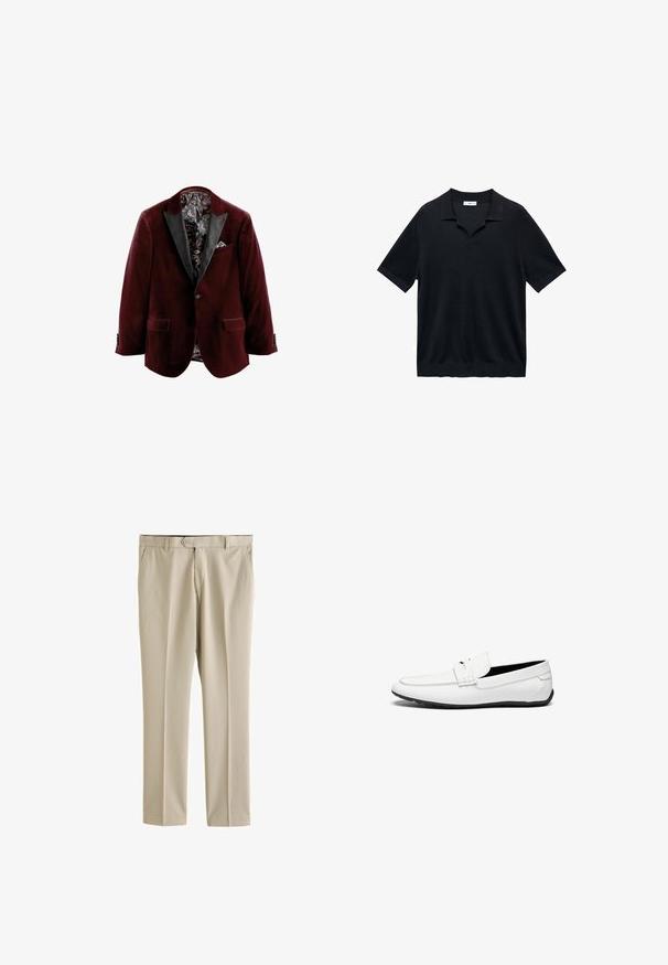 Bordeaux fløjlsblazer med sorte satinlåg, mønstret indvendig for og detalje med lommetørklæde. Har to frontlommer og knaplukninger.; Sort kortærmet polo-shirt med V-hals, flad krave og ribbet struktur. Materialet ser let og glat ud.; Next Bukser - neutral; Hvide læder loafers med en glat overflade, prydet med en syning, en rund tå og en sort gummisål for godt greb.