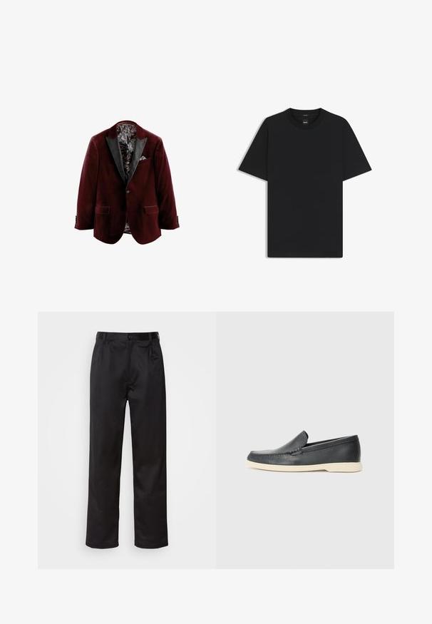 Burgunderroter Samtblazer mit schwarzen Satinrevers, gemusterter Innenauskleidung und einem Einstecktuch-Detail. Verfügt über zwei Vorderaschen und Knopfverschlüsse.; Schwarz T-Shirt mit kurzen Ärmeln aus einem glatten Baumwollmix, mit Rundhalsausschnitt und einem minimalistischen Design ohne Muster oder Akzente.; Schwarze Hosen aus glattem Stoff, mit einem Knopfverschluss vorne, Falten und geraden Beinen. Keine sichtbaren Muster oder Akzente.; Schwarze Leder-Slipper mit strukturiertem Finish und einer kontrastierenden beige Gummisohle. Mit einem dezenten Akzent an der Vorderseite.