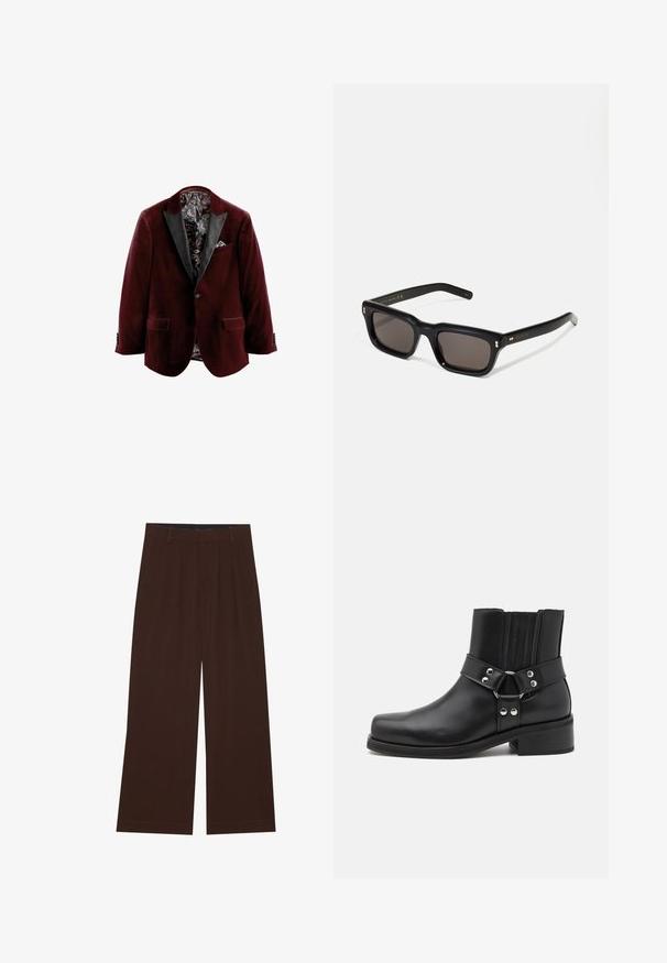 Bordeaux fløjlsblazer med sorte satinlåg, mønstret indvendig for og detalje med lommetørklæde. Har to frontlommer og knaplukninger.; Hvid ribbet tanktop med et sølv kædegrafik og to hundetags med teksten: "HATE" og "COMPASSION."; Brune bredbenede bukser med plisseringer. Lavet af et glat stof, der har en skræddersyet talje og sidelommer. Flad kant nederst.; The Kooples CHAUSSURES - Cowboy- / bikerstøvlette - black; Sorte rektangulære solbriller med mørke glas, tyk plastisk ramme, guldtryk på stængerne og brandlogo indgraveret på armen.