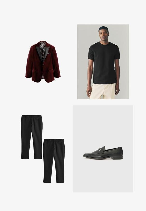 Burgundia sametist blazeri mustade satiin Kraede, mustriline sisevooder ja tasku nelk. Omab kahte esist taskut ja nupuvääratusi.; Must musta T-särk lühikeste varrukatega, ümmargune kaelus ja vormitud siluett, kombineeritud heleda värvusega pükstega. Sile tekstuur.; Mustad mustad püksid siledast materjalist, sirge jala disainiga ja keskmise kõrgusega vöökoht. Näidatud on kaks paari, millest üks on lühendatud.; Must haveate nahkking punased, millel on sile viimistlus, tikitud muster ja dekoratiivne metallkett vampi üle. Tasane konts.