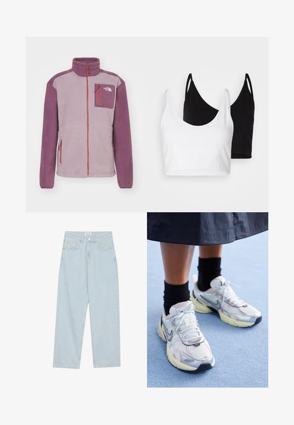 The North Face YUMIORI FULL ZIP - Fleecejacka - purple chalk/midnight mauve; Två bomullstopp i vitt och svart. Varje topp har en djup krage och tunna axelband, med en slät och mjuk textur.; Ljust blå vida jeans av denim, med en medelhög midja, fem fickor och en knappstängning med en smal metallaccent.; Vita och silver Nike-sneakers i mesh-material, med reflexdetaljer och en beige sula. Bärs med svarta strumpor, står på en blå yta.