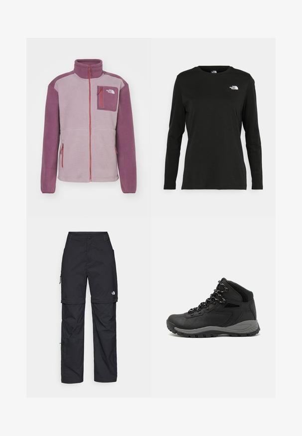 The North Face YUMIORI FULL ZIP - Fliisjakk - purple chalk/midnight mauve; Must mustahiheline T-särk, millel on pikad varrukad, valmistatud puuvillast ja ümarast kaelusest. Vasakul rinnal on väike valge logo. Lihtne disain ja sobivus.; Mustad nailonist valmistatud eemaldatavad cargo-püksid, reguleeritavate pahkluudega, mitmete taskutega ja paremal jalal logoga. Sile, kerge tekstuur.; Mustarjaline matkasaabas, millel on keskmine disain, tekstuuriga ülemine osa, hallid aktsendid ja vastupidav kummist põhi, millel on haardelugesid.