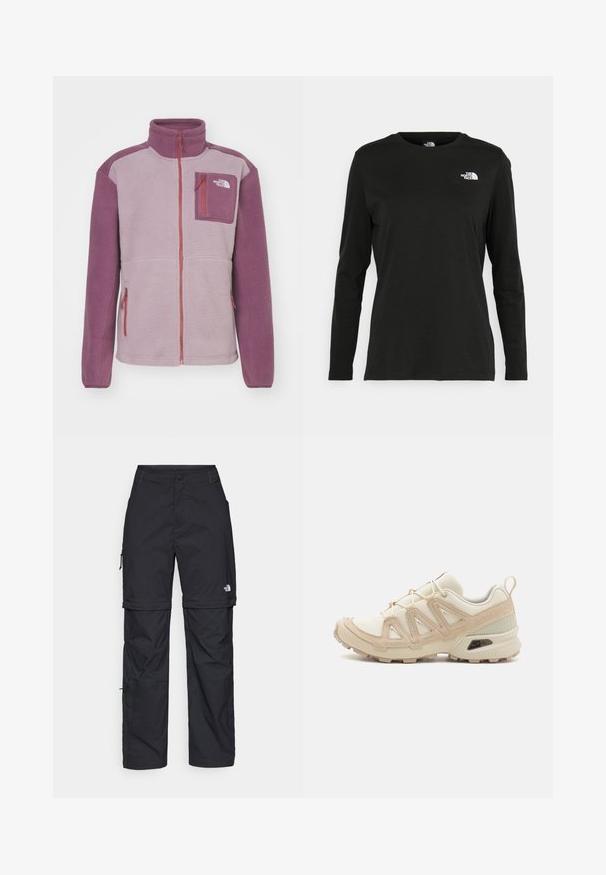 The North Face YUMIORI FULL ZIP - Forro polar - purple chalk/midnight mauve; Camiseta de manga larga negra de algodón con cuello redondo. Presenta un pequeño logotipo blanco en la parte izquierda del pecho. Diseño y ajuste simples.; Pantalones cargo de nailon negro con cremallera desmontable, puños ajustables, múltiples bolsillos y un logotipo en la pierna derecha. Textura suave y ligera.; Zapatilla deportiva beige y crema con parte superior de malla texturizada, superposiciones de soporte y suela de goma con un patrón de tracción.