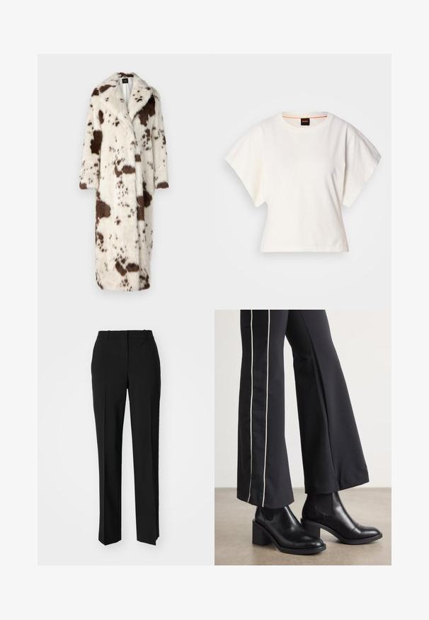TWINSET Casaco clássico - white/mole; T-shirt branco cropped, mangas curtas e largas, material de algodão suave, decote redondo com um discreto acabamento laranja, design minimalista, sem padrões ou gráficos.; Calças pretas de corte ajustado com um design de perna reta, apresentando uma textura lisa e pregas bem definidas na frente. Sem hardware visível.; Botas de tornozelo em couro preto com um salto bloco, apresentando painéis laterais elásticos. Combinadas com calças pretas que têm uma faixa lateral branca.