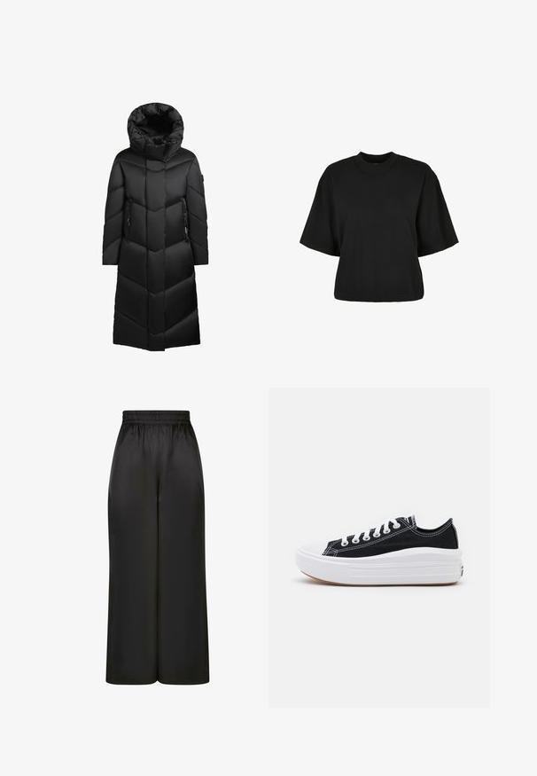 Lang sort dunfrakke med et zigzag-mønster, hætte og lynlåslommer på siderne. Glat, blank tekstur.; Sort cropped t-shirt lavet af bomuld. Har korte ærmer og rund halsudskæring. Glat tekstur med et enkelt design, ingen ekstra mønstre.; Sorte brede bukser lavet af glat, skinnende stof med elastisk talje og uden synlige lommer eller hardwaredetaljer.; Sorte kanvas sneakers med hvide snørebånd, hvid gummitåhætte og en kraftig hvid mellemsål. Har diskret hvid syning og en gummisål.