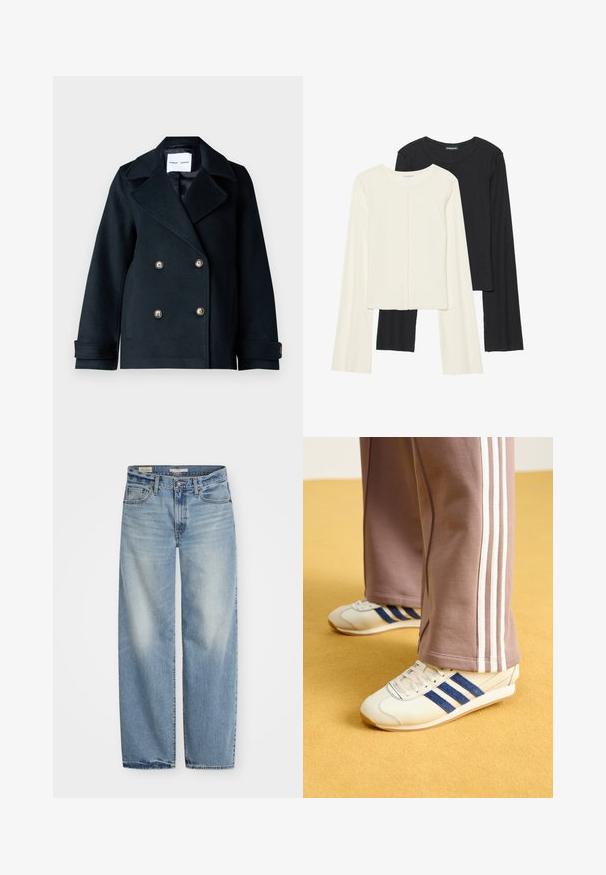 Mørk marineblå peacoat laget av myk stoff med doble knapper, store krager og knapper i gulltone. Merkes teksturert detalj på ermene.; Sett med to langermede topper i hvit og svart. Ribbete tekstur, rund hals, tettsittende design med lett utsvingte ermer.; Lys blå vide jeans laget av denim. Har knappe- og glidelåsåpning, fem lommer, og en falmet finish med en litt slitt kant.; Kremfargede sneakers med blå semsket skinnstriper, hvite snørebånd og gummisåle. Kombinert med grå joggebukser med hvite sidestriper.