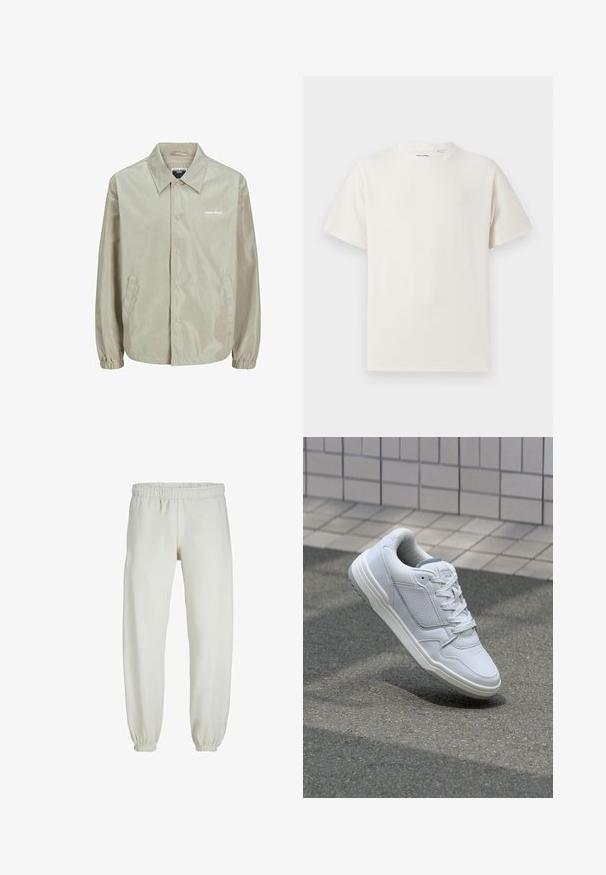 Svetlo béžová bunda vyrobená z hladkej, ľahkej látky. Má golier, predné gombíky, bočné vrecká a rebrované manžety. Tlačené logo na hrudi.; Biela krátka tričko s krátkym rukávom so žebrovanou textúrou. Okrúhly výstrih, uvoľnený strih, žiadne viditeľné vzory ani akcenty. Jednoduchý a všestranný dizajn.; Biele teplákové nohavice vyrobené z mäkkej textílie, s elastickým pásom a manžetami, s hladkým povrchom a voľným strihom.; Biele kožené tenisky s perforovanými stranami, textúrovanými akcentmi, plochými šnúrkami a kontrastnou sivou pätou. Majú mierne zvýšenú podrážku.