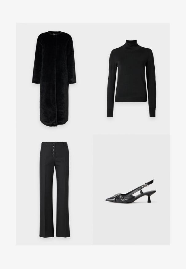 Černý dlouhý kabát vyrobený z měkké, sametové látky. Má kulatý výstřih, dlouhé rukávy a rovný střih bez viditelných zapínání.; Černý dlouhý rukáv rolák se žebrovanými manžetami a lemem, vystavený na čistě bílém pozadí.; The Kooples PANTALON - Kalhoty - black; Černé kožené slingback boty s špičatou špičkou, dekorativními pásky s kovovými očky a nízkým blokovým podpatkem. Texturovaný povrch.