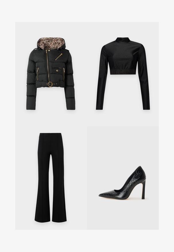 Fekete, rövid pufi dzseki leopárdmintás kapucni béléssel, arany cipzárokkal, gombos zsebbel és övvel ellátott derékkal, kerek csattal.; Fekete, fénylő anyagból készült crop top, hosszú ujjakkal és magas nyakkal. Bordás szegélye van, melyen fekete "JUST CAVALLI" logó található.; Fekete, flared nadrág magas derékkal, rugalmas anyagból készült. Elölnézetén függőleges varrásokkal rendelkezik, sima textúrával.; Fekete hegyes orrú magassarkú cipő krokodilbőr textúrával, letisztult dizájnnal, magas tűsarkú és sima fekete belső résszel.