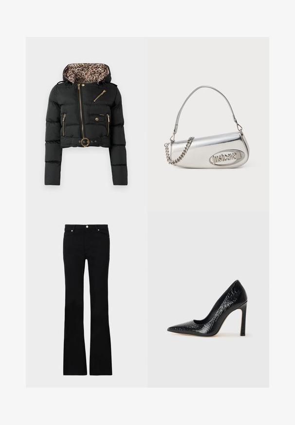Jachetă puffer scurtă, neagră, cu căptușeală din blană de leopard la glugă, fermoare aurii, buzunar cu capse și talie ajustată cu curea și cataramă rotundă.; Top cropped negru cu mâneci lungi, realizat dintr-un material texturat, având un design ajustat și detalii plisate în zona bustului.; Blugi negri evazați din denim, care prezintă două buzunare frontale, o închidere cu buton și o textură netedă. Coaserea semnăturii vizibilă la cusături.; Pantofii cu toc înalt, ascuțiți, de culoare neagră, cu textură de piele de crocodil, având un design elegant, toc în stil stiletto și interior neted de culoare neagră.; Geantă de mână metalică argintie cu o formă triunghiulară rotundă, având un logo, curea din lanț și o textură netedă. Închidere cu fermoar pe lateral.