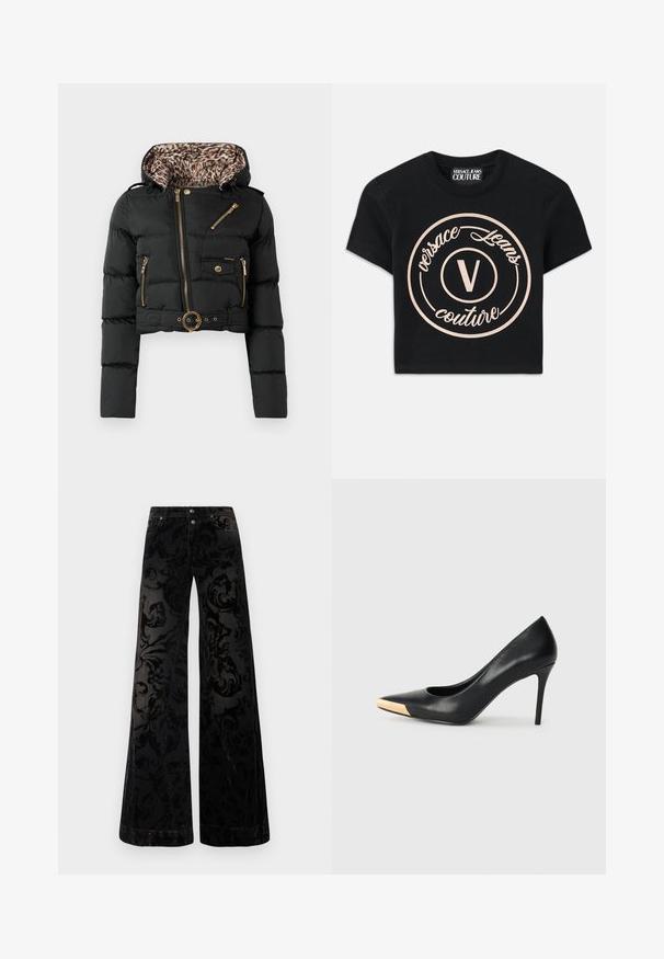 Fekete, rövid pufi dzseki leopárdmintás kapucni béléssel, arany cipzárokkal, gombos zsebbel és övvel ellátott derékkal, kerek csattal.; Fekete pamut póló, amelyen egy nagy bézs kör alakú logó található, rajta a "Versace Jeans Couture" felirattal és egy középső elegáns "V" betűvel. Rövid ujjú.; Fekete, bőszárú nadrág mintás bársonyból, texturált örvénymintával, két elülső gombbal és klasszikus farmer stílussal.; Fekete bőrből készült, magas sarkú tűsarkú cipő, hegyes orral; fémes arany részlet a lábujj részen. Simább felület, elegáns kialakítással.