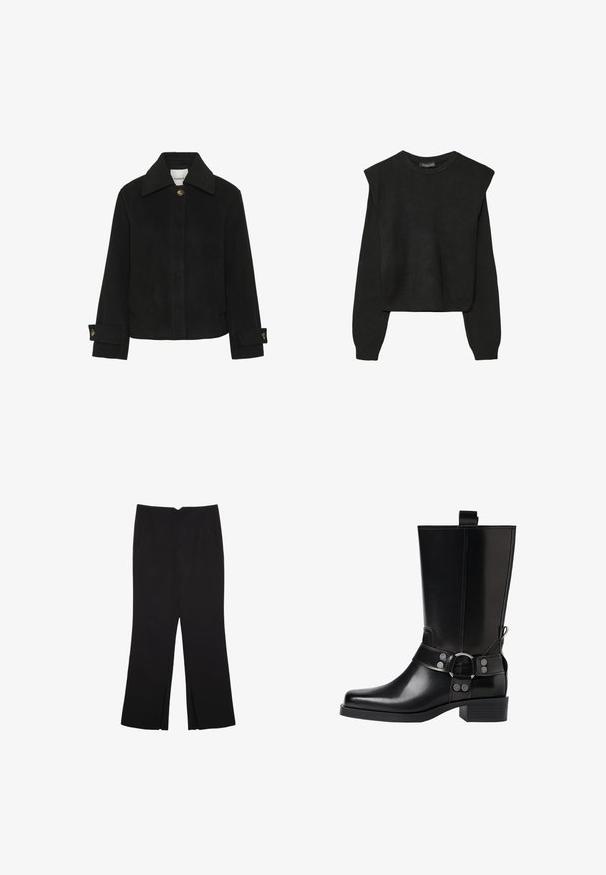 Svart jacka i mjukt tyg med klassisk krage, knappstängning fram, sidofickor och detaljer på ärmarna med guldfärgade knappar.; Svart långärmad stickad tröja med vadderade axlar och ribbade muddar och fåll, visad mot en vit bakgrund.; Svarta byxor med rak passform, utrustade med framfickor och sidoklyvningar vid fållen. Tillverkade av mjukt, slätt tyg. Lämpliga för olika tillfällen.; Svart läderknähöga stövlar med spetsig tå, silverfärgade spännen och klumpig klack. Har en dragflik för enkel påtagning.