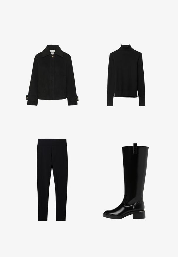 Black jacket made of soft fabric with a classic collar, button front, side pockets, and cuff details featuring gold-tone buttons.; Black turtleneck sweater made of soft knit fabric. Features long sleeves and a fitted design with a straight hemline.; Black stretchy leggings with a wide, soft waistband, featuring a smooth texture and a fitted silhouette, suitable for various activities.; Black knee-high boots with a glossy finish, rounded toe, small block heel, and a pull tab at the back. Seam detailing accentuates the design.