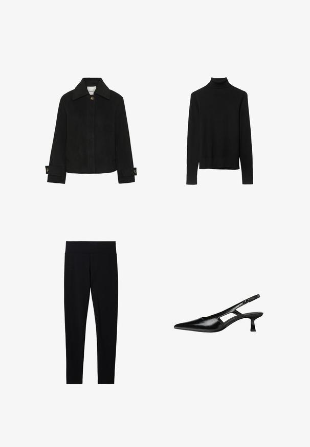 Sort jakke lavet af blødt stof med klassisk krave, knaplukning foran, sidelommer og manchetter med detaljer i guldfarvede knapper.; Sort turtleneck sweater lavet af blød strikket stof. Har lange ærmer og et tætsiddende design med en lige kant.; Sorte strækbare leggings med en bred, blød talje, der har en glat overflade og en tætsiddende silhuet, velegnet til forskellige aktiviteter.; Sorte patentlæder slingback hæle med spids tå, udskåret sideskærm og en lille firkantet hæl. Glat tekstur med minimale detaljer.