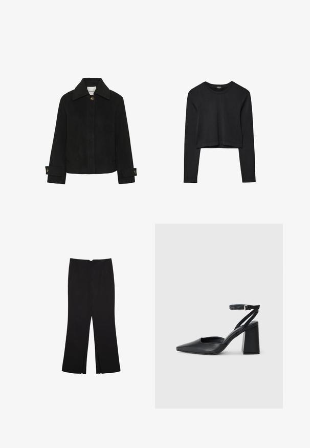 Svart jacka i mjukt tyg med klassisk krage, knappstängning fram, sidofickor och detaljer på ärmarna med guldfärgade knappar.; Svart långärmad croppad topp med rund halsringning, enkel design och en något rundad nederkant.; Svarta byxor med rak passform, utrustade med framfickor och sidoklyvningar vid fållen. Tillverkade av mjukt, slätt tyg. Lämpliga för olika tillfällen.; Svart läderpumps med spetsig tå, ankelrem och kraftig klack. Slät textur, stilren design och minimalistisk estetik.