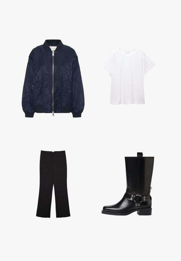 Tamnoplava bomber jakna s prednjim zatvaračem, elastičnim manžetama i rebrastim ovratnikom. Glatki materijal sličan satenu s bočnim džepovima i suptilnim šavnim detaljima.; Bijela majica od mekane, lagane tkanine. Ima okrugli izrez i kratke, široke rukave s ležernim krojem. Bez vidljivih uzoraka.; Crne hlače ravnog kroja, s prednjim džepovima i bočnim prorezima na rubu. Izrađene od mekog i glatkog materijala. Pogodne za razne prigode.; Crne kožne čizmice do koljena s šiljastim prstima, sličnim srebrnim kopčama i debelim potplatima. Imaju rupicu za lakše oblačenje.