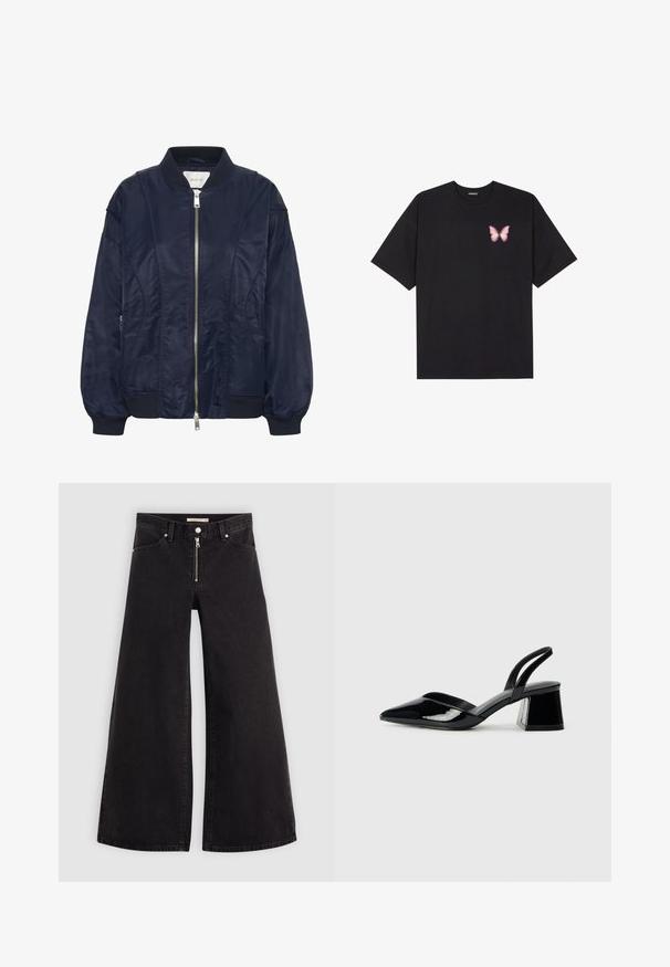 Casaco bomber azul marinho com fecho frontal a zíper, punhos elásticos e gola canelada. Material liso e acetinado com bolsos laterais e detalhes de costura subtil.; T-shirt de algodão preto com mangas curtas, apresentando um pequeno gráfico de borboleta rosa no lado esquerdo do peito. Design de gola redonda com um corte solto.; Calças de ganga de perna larga em denim preto com fecho éclair à frente, design de cinco bolsos e detalhes de costura subtil. Textura suave e estilo casual.; Sandy em verniz preto com salto slingback, ponta afilada e salto geométrico. Apresenta um design elegante e minimalista com textura suave.