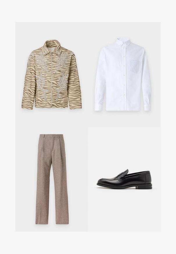 Jopica z zebra vzorom v bež in rjavi barvi, z zapletenim cvetličnim ročno vezenim delom, z zadrgo spredaj in strukturiranim ovratnikom. Mehka tekstura.; Bela dolgo rukava srajca s kragnico, izdelana iz bombaža, z žepom na prsih in toniranimi vezeninami ter gumbi na manšetah.; Rjave hlače z visokim pasom, izdelane iz teksturirane tkanine. Imajo široke noge in dve sprednji pregibi za strukturo. Urejen zaključek brez vidne strojne opreme.; Črne usnjene loafer čevlje z gladko teksturo, zaobljenim nosom in dekorativnim trakom čez zgornji del. Nizka zložena peta, minimalističen dizajn.