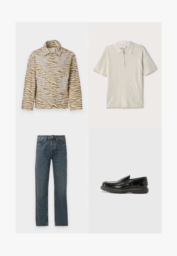 Zebro marginto švarko, bespalviame ir rudos spalvos, su sudėtinga gėlių karoliukų siuvinėjimu, su užtrauktuko priekyje ir struktūrizuotu apykakle. Minkšta tekstūra.; Šviesiai bežinis trumpomis rankovėmis polo marškinėliai su užtrauktuku ant apykaklės. Pagaminti iš lygaus audinio, pasižymi paprastu, moderniu dizainu be raštų.; Tamsiai mėlyni džinsai su tiesiomis kojomis, turintys penkis kišenes, mygtuko uždarymą ir kontrastingus siuvimo akcentus.; Juodas odinis loaferis su blizgiu paviršiumi, apvaliu pirštu, subtiliais siūlių detalėmis ir storu guminio pado, užtikrinančio ilgaamžiškumą.